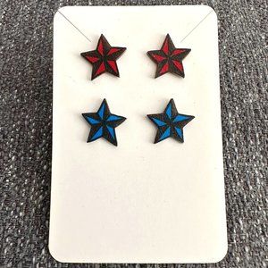 Set of 2 Nautical Star Stud Earrings - Red/Blue
